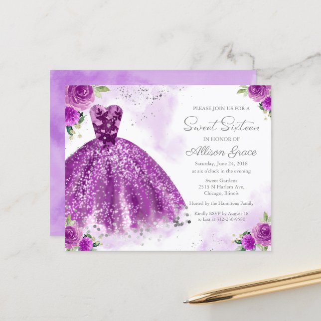 Convite de Sweet Sixteen de orçamento vestido roxo (Frente/Verso In Situ)