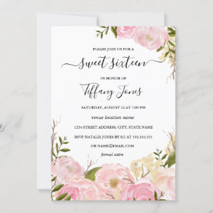 Convite de Sweet Sixteen Floral Aquarela Rosa Bege