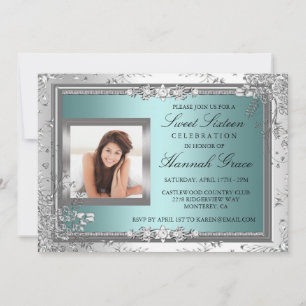 Convite de Sweet Sixteen floral azul e prata