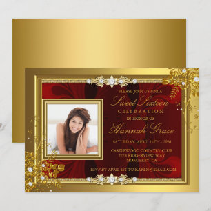 Convite de Sweet Sixteen floral dourado e vermelho