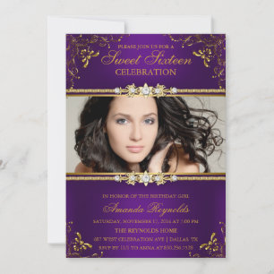 Convite de Sweet Sixteen Roxo e Dourado Elegante c