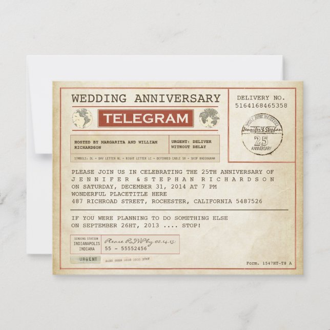 convite de telegrama de aniversário de casamento v (Frente)