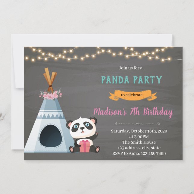 Convite de tema de aniversário de tenda de panda (Frente)