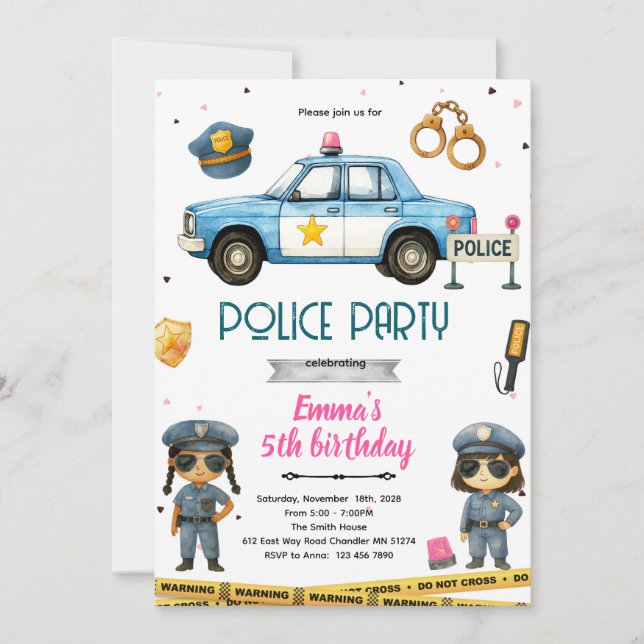 convite de tema de festa de menina policial (Frente)