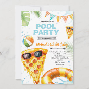 Convite de tema de festa de piscina de pizza fofa