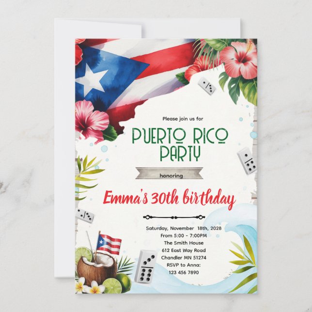 convite de tema de festa de Porto Rico (Frente)