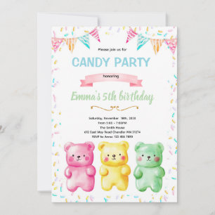 convite de tema de festa de urso de goma fofo