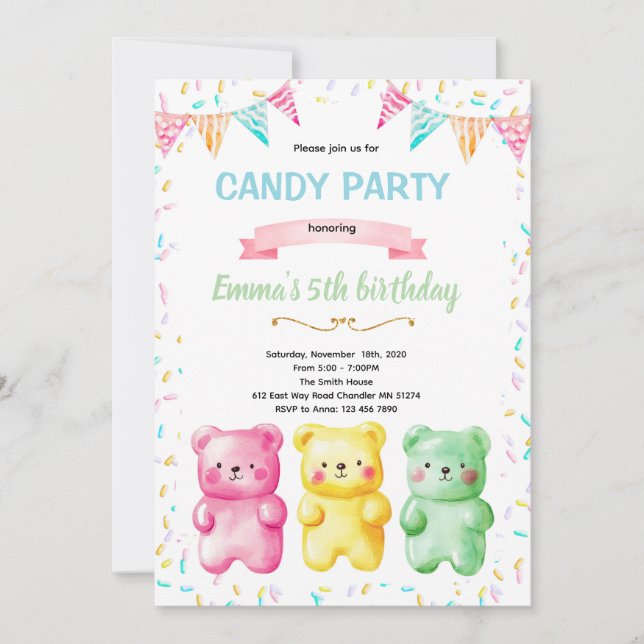 convite de tema de festa de urso de goma fofo (Frente)