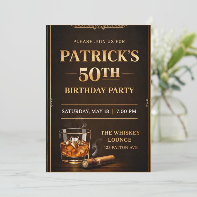 Convite de Tema de Festa Elegante de Whisky, Preto (Em pé/Frente)