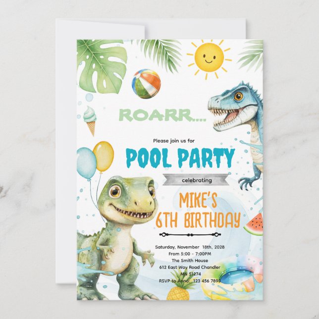 Convite de tema de piscina dinossauro fofo (Frente)