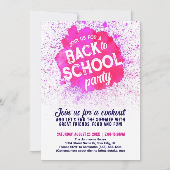 Convite de Tinta Espalhada para Festa de Volta às  (Frente)