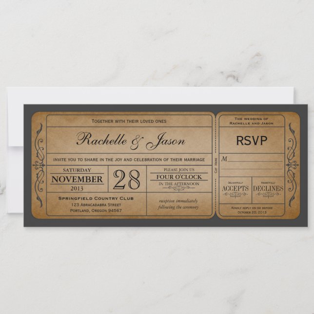 Convite de Tíquete de Casamento vintage com RSVP (Frente)