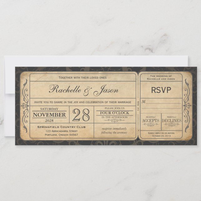 Convite de tíquete de casamento vintage com RSVP 3 (Frente)
