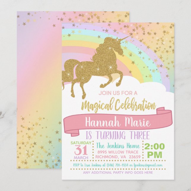 Convite de Unicórnio - Além do Arco-íris e Faíscas (Frente/Verso)