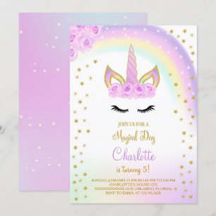 Convite de Unicórnio com Arco-íris Roxo