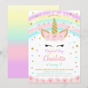 Convite de Unicórnio com Flores Cor-de-Rosa Arco-í