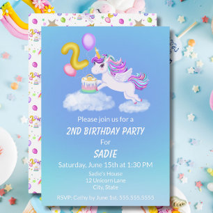 Convite de Unicórnio de 2º Aniversário com Bolo