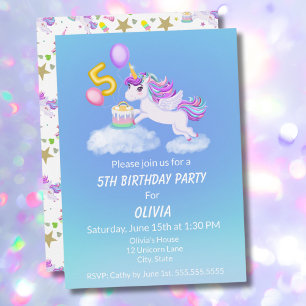 Convite de Unicórnio de 5º Aniversário Com Bolo