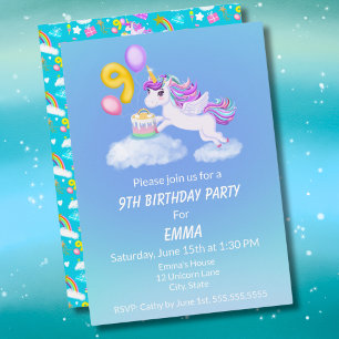 Convite de Unicórnio de 9º Aniversário Com Bolo