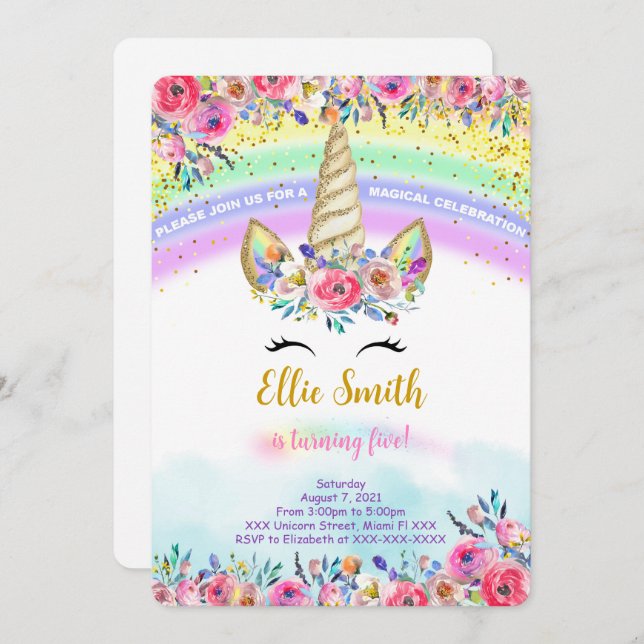 Convite de Unicórnio Mágico Vermelho (Frente/Verso)