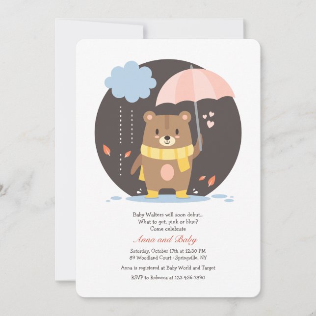 Convite de Ursinho de Chuva de Bebê (Frente)