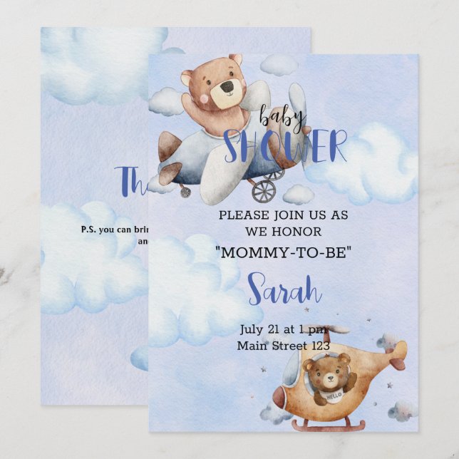 Convite De Urso Em Chá de fraldas De Avião (Frente/Verso)