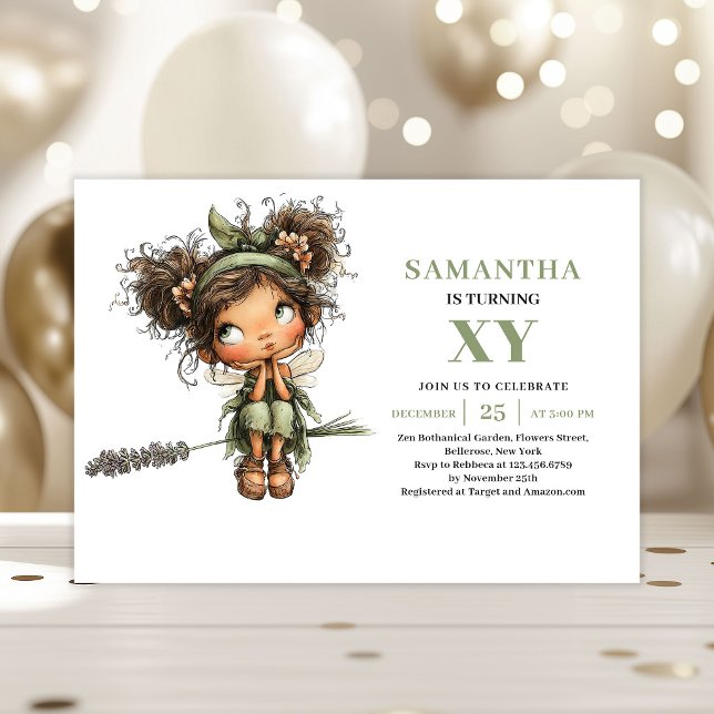 Convite de Verde para o 5º Aniversário da Menina F (Cute Fairy Girl 5th Birthday Greenery Invitation)