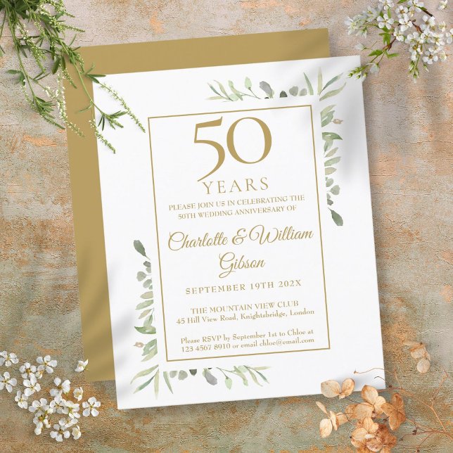 Convite de Verdejante Aniversário Dourado de 50 an (Budget 50th Golden Anniversary Greenery Invitation)
