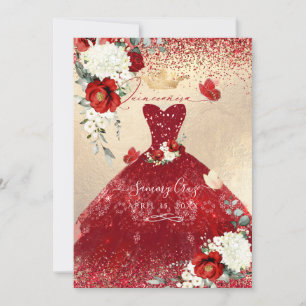 Convite de vestido de Quinceanera de rosas vermelh