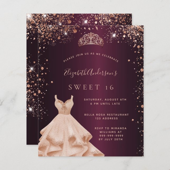 Convite de vestido de tiaras de ouro rosa burgundy (Frente/Verso)