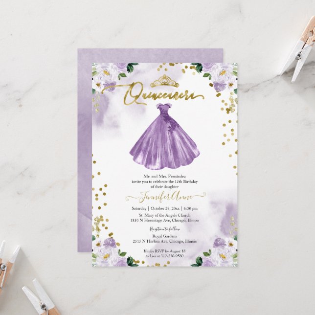 Convite de Vestido Floral Roxo para Quinceanera (Frente/Verso In Situ)
