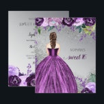 Convite de vestido roxo brilhante orçamento doce 1<br><div class="desc">Convite de Aniversário de 16 anos com vestido de purpurina prateada e roxa brilhante. Pele clara cabelo castanho</div>