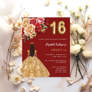 Convite de vestido vermelho dourado Sweet 16 com f