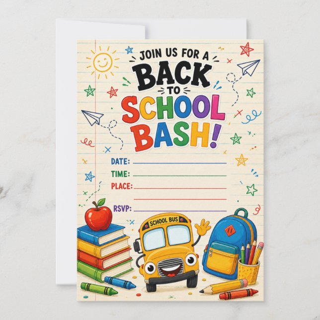 Convite de Volta às Aulas Bash Ônibus e Livros (Frente)