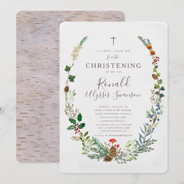 Convite de Winter Woodland Christening (Frente/Verso)