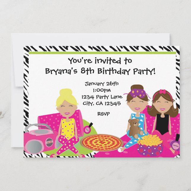 Convite de Zebra para Festa de Sono de Meninas (Frente)