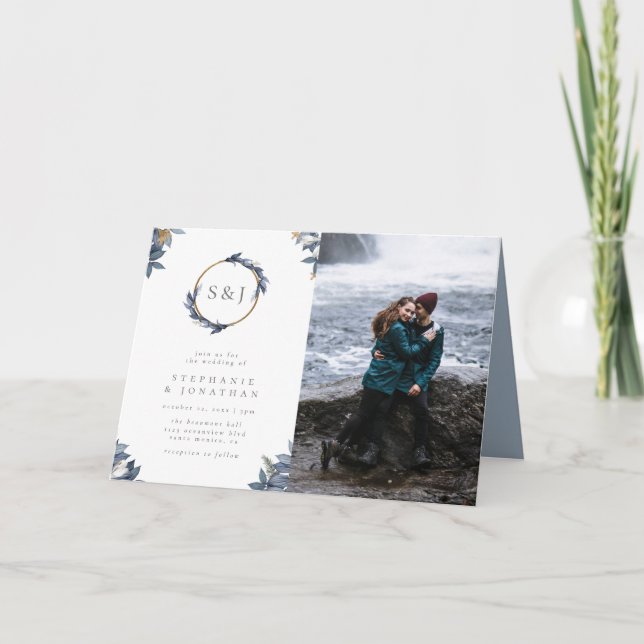 Convite Delicate Dusty Blue Deixa Foto de Casamento Monogr (Frente)