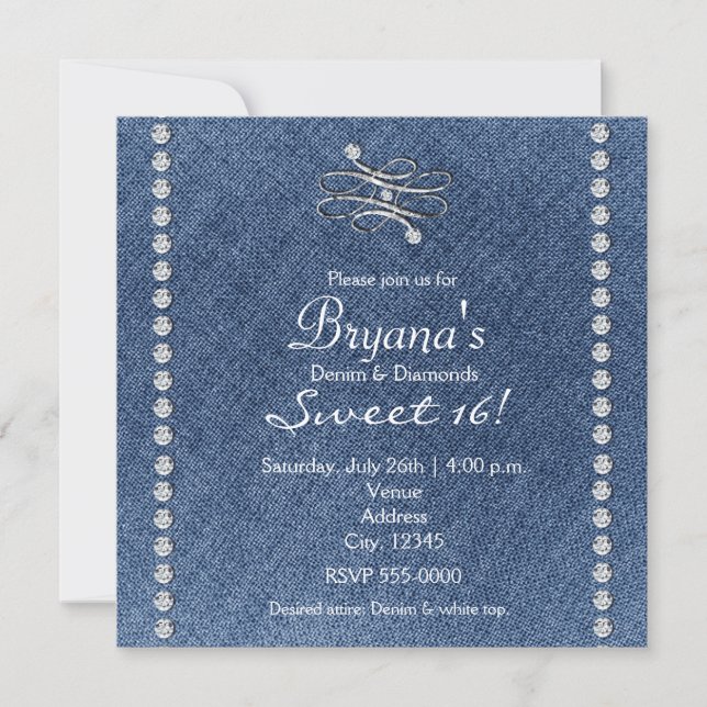 Convite Denim Diamonds Bling Emblem Sweet 16 (Frente)