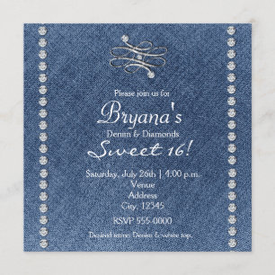 Convite Denim Diamonds Bling Emblem Sweet 16