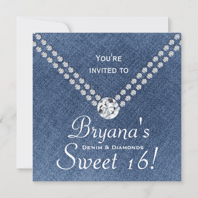Convite Denim Diamonds Brilho Envelope Sweet 16 (Frente)