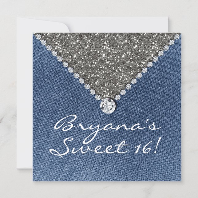 Convite Denim Diamonds Brilho Prata Sweet 16 (Frente)