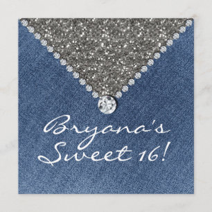Convite Denim Diamonds Prata Brilho Sweet 16