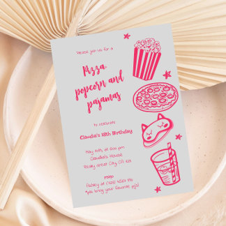 Convite Desenhado à Mão Pizza Pipoca e Pijamas