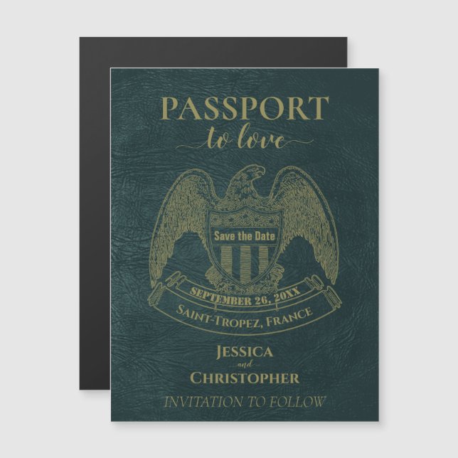 Convite Destino do Passaporte Teal Casamento Salvar a Data (Frente/Verso)