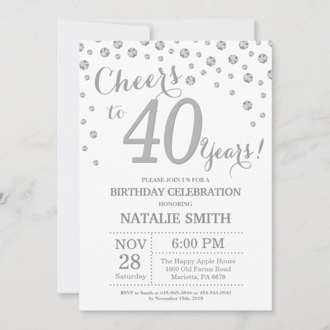 Convite Diamante de aniversário de 40 anos Silver  (Frente)