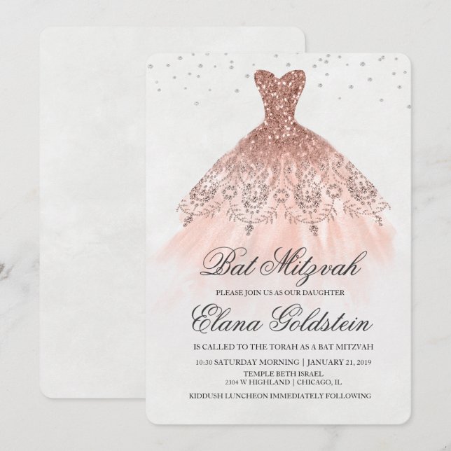 Convite Diamante de Bat Mitzvah com Brilho (Frente/Verso)