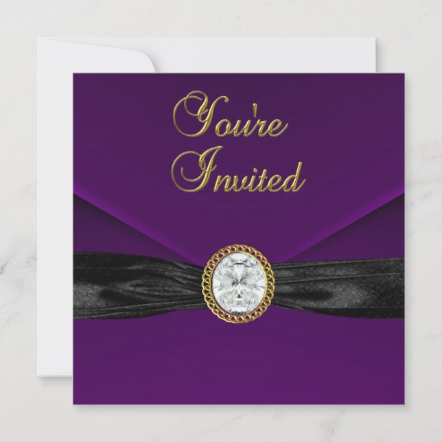 Convite Diamante Jóia Preto Ameixa Roxo Dourado (Frente)