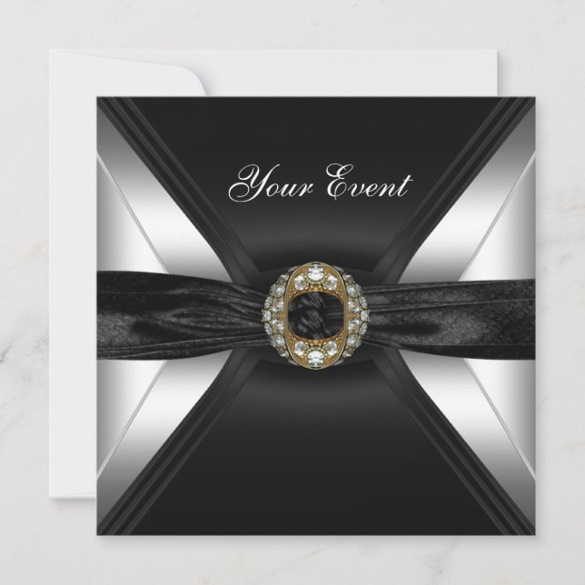 Convite Diamante Jóia Preto Branco Prata (Frente)