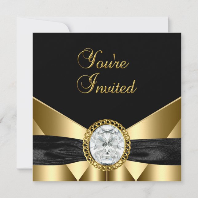 Convite Diamante Jóia Preto Dourado (Frente)