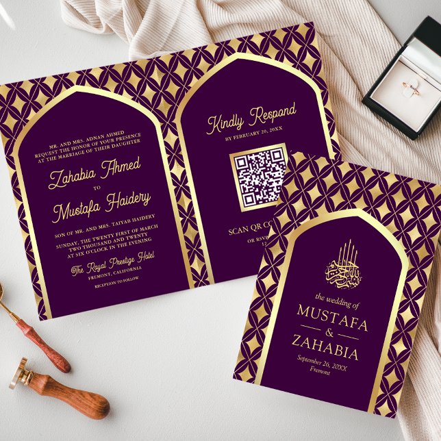 Convite Diamantes de Ouro Roxo Arco Código QR Casamento Mu (Criador carregado)